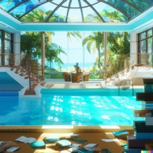 A large sunlit indoor study area with lots of books with a pool with clear water and another pool with translucent pastel aquamarine colored water, next to a big window with an expansive tropical view.