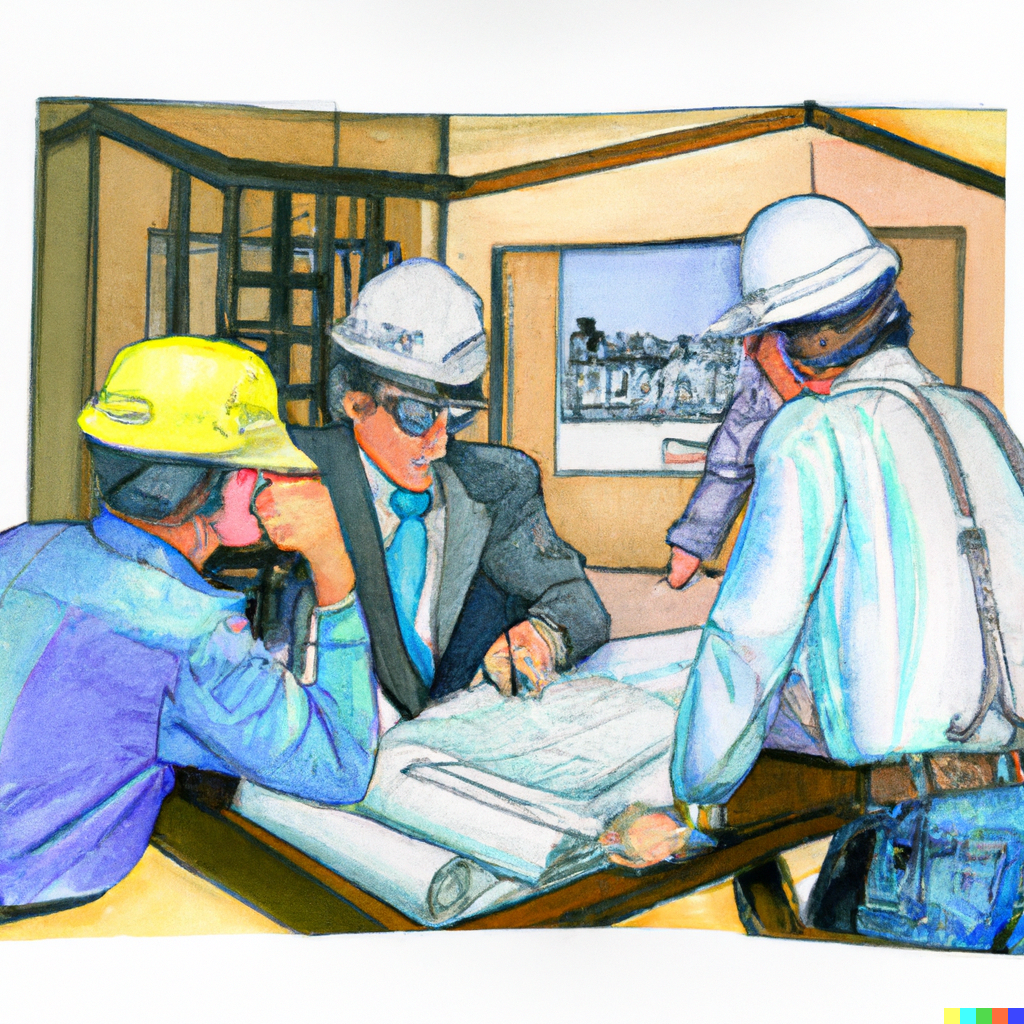 Architect, contractor, and owner reviewing construction bonds