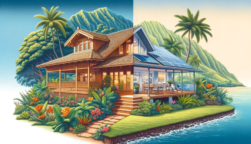 A vivid illustration of the evolution of residential architecture in Hawaii, showcasing two distinct homes side by side.