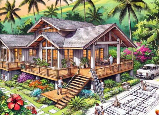 Hawaiian-style eco-friendly house under construction with lush tropical vegetation and a family working on-site.