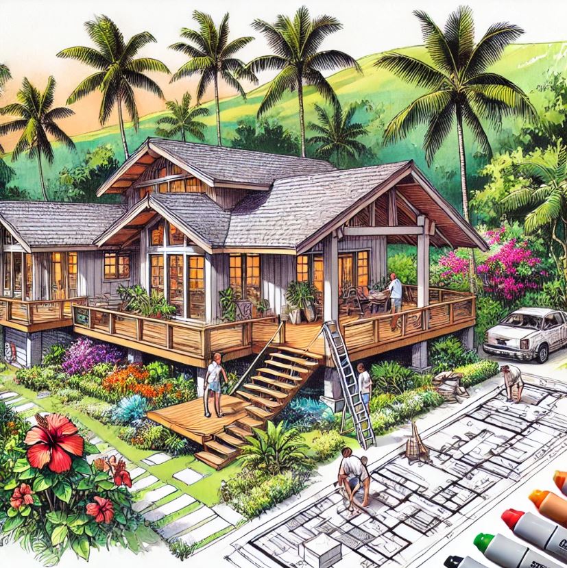 Hawaiian-style eco-friendly house under construction with lush tropical vegetation and a family working on-site.