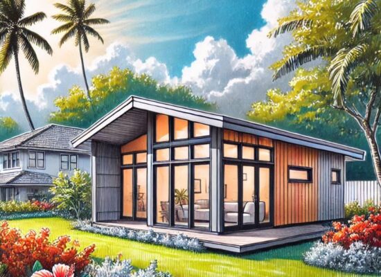 Modern accessory dwelling unit (ADU) in Hawaii with tropical landscaping and minimalist design.