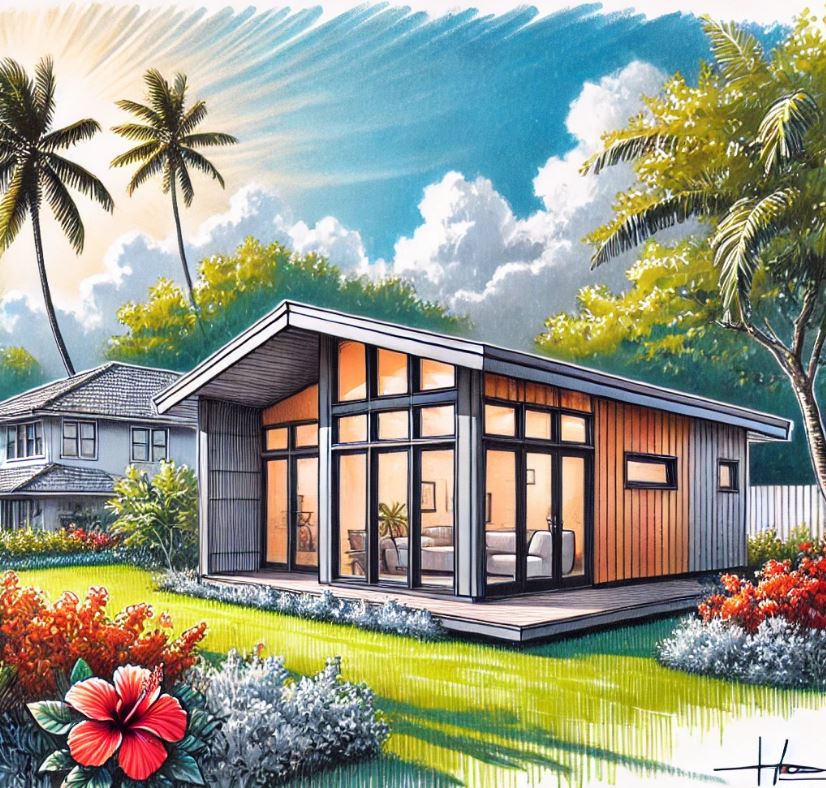 Modern accessory dwelling unit (ADU) in Hawaii with tropical landscaping and minimalist design.