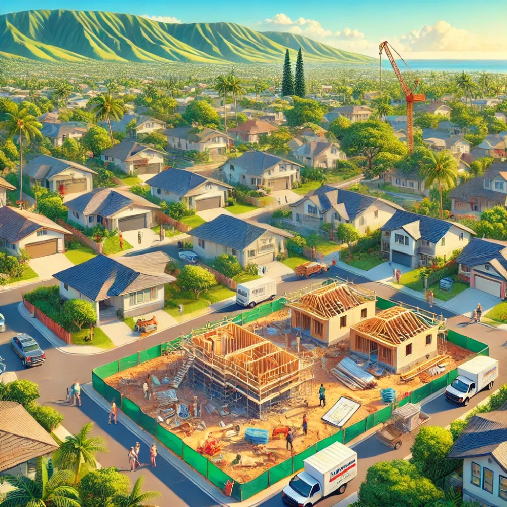 A vibrant urban construction site in a dense Hawaiian neighborhood, featuring single-family homes, duplexes, and Accessory Dwelling Units (ADUs) under development.