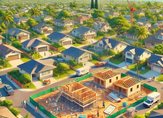 A vibrant urban construction site in a dense Hawaiian neighborhood, featuring single-family homes, duplexes, and Accessory Dwelling Units (ADUs) under development.