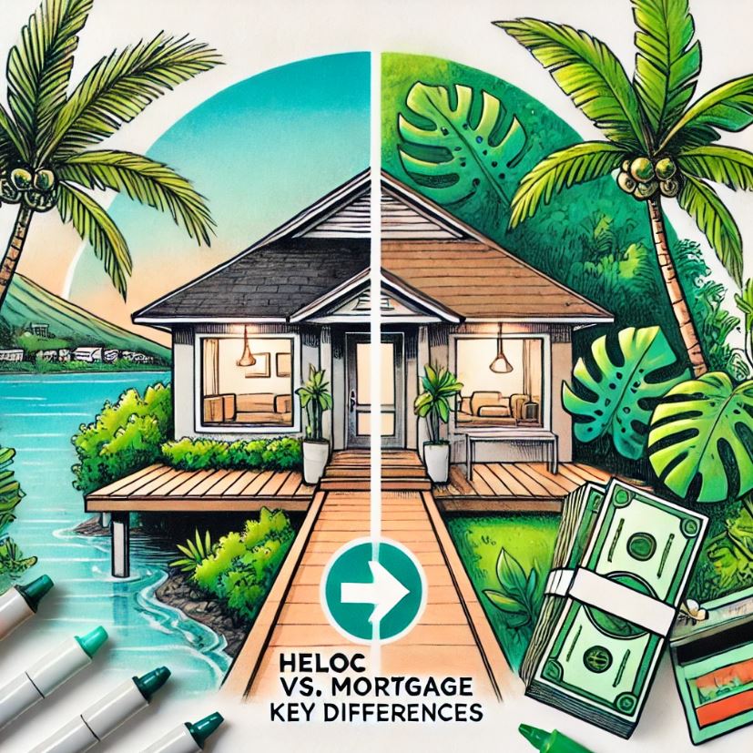 Hawaiian-style home with tropical surroundings, illustrating the comparison between HELOC and mortgage options for Hawaii homeowners.