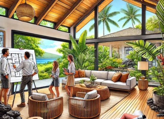 Collaborative design session for a Hawaii home remodel, featuring an interior designer, draftsman, and architect in a modern tropical living room.