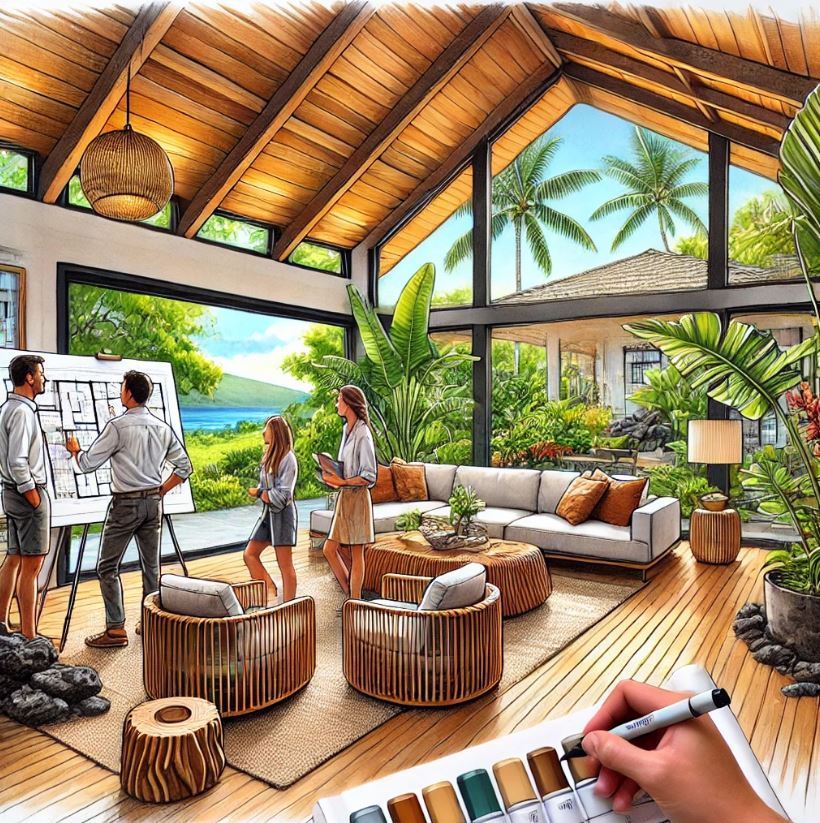 Collaborative design session for a Hawaii home remodel, featuring an interior designer, draftsman, and architect in a modern tropical living room.