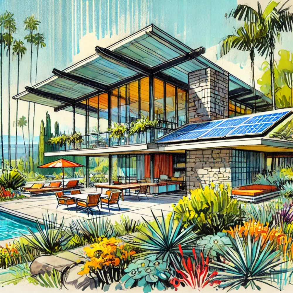 A conceptual sketch inspired by Vladimir Ossipoff’s mid-century modern designs, illustrating key elements of Hawaii modern architecture with open-air lanais and natural materials.