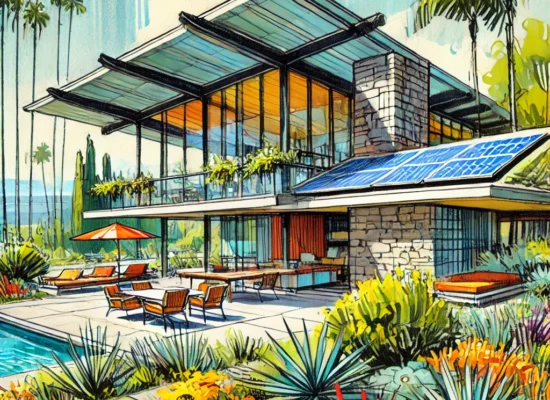 A conceptual sketch inspired by Vladimir Ossipoff’s mid-century modern designs, illustrating key elements of Hawaii modern architecture with open-air lanais and natural materials.