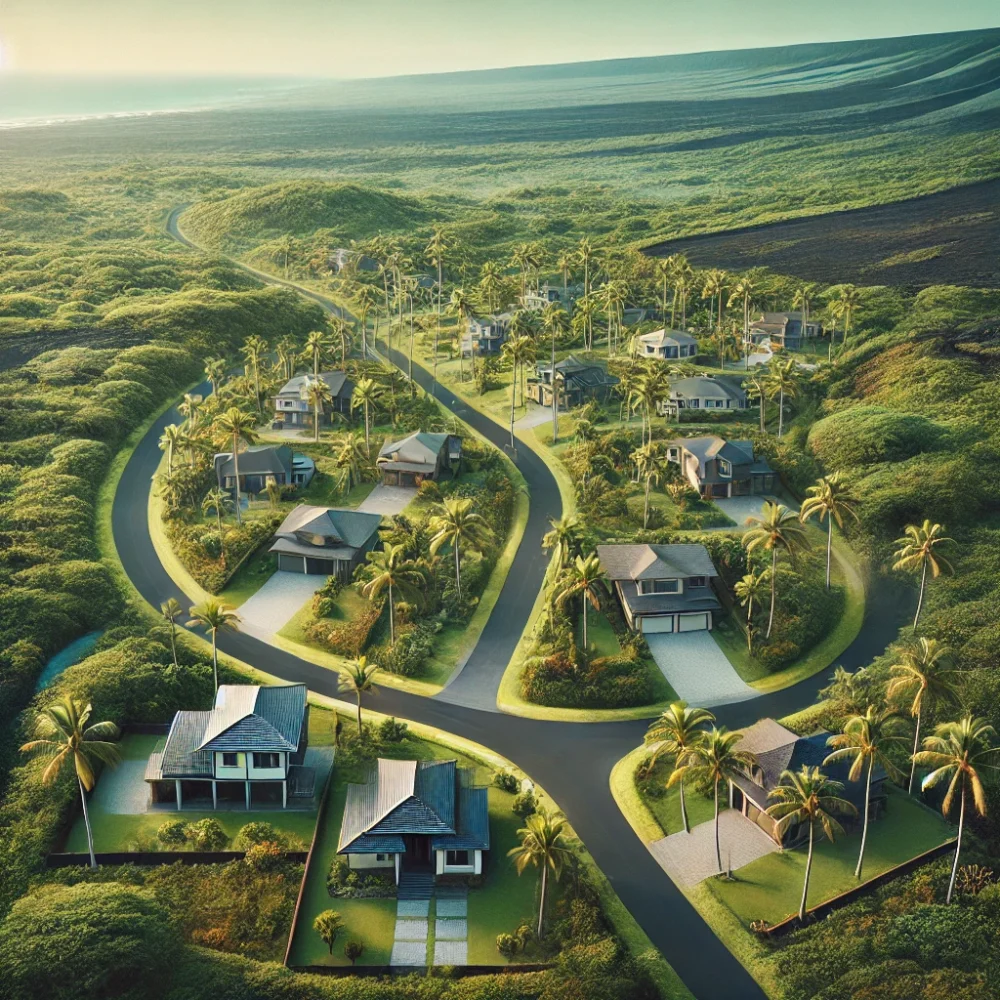 A scenic aerial view of the Big Island of Hawaii, illustrating Hawaiʻi County ADU regulations in action. Sparse, eco-friendly homes, including two-story dwellings and single-story ADUs with hip roofs, are nestled among winding roads, palm trees, and open green spaces, showcasing sustainable island living.