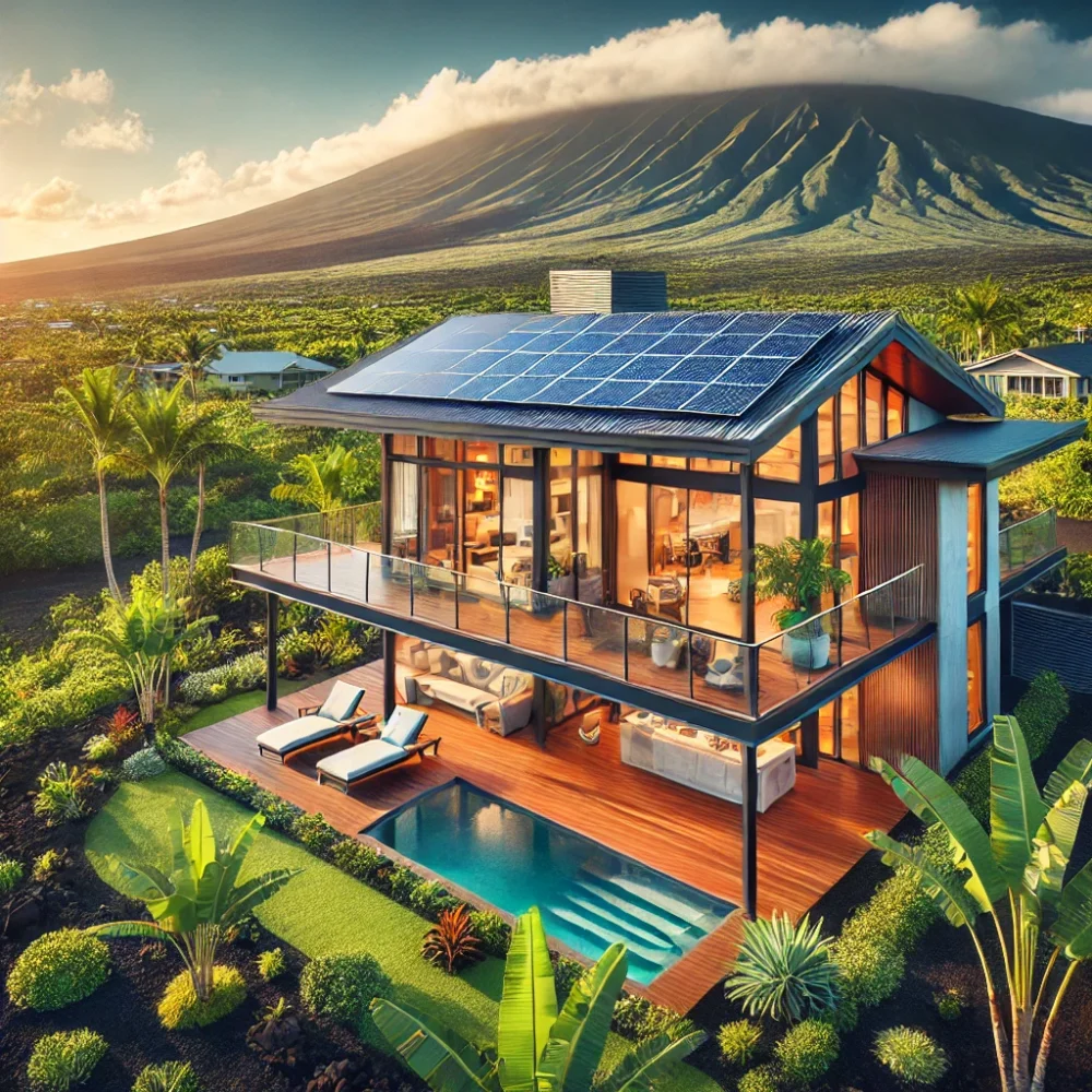 Modern Hawaiian home on the Big Island featuring an open-air lanai, solar panels, and tropical landscaping with a volcanic mountain backdrop.