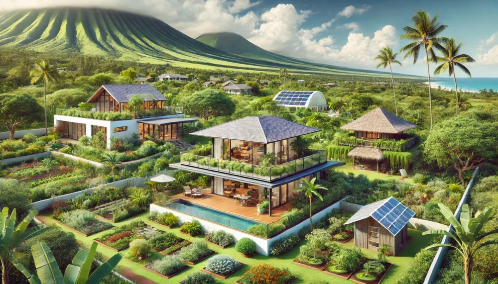 A sustainable Hawaii residential design featuring a tropical modern home, a plantation-style house, and a traditional thatched-roof hale surrounded by lush permaculture gardens.