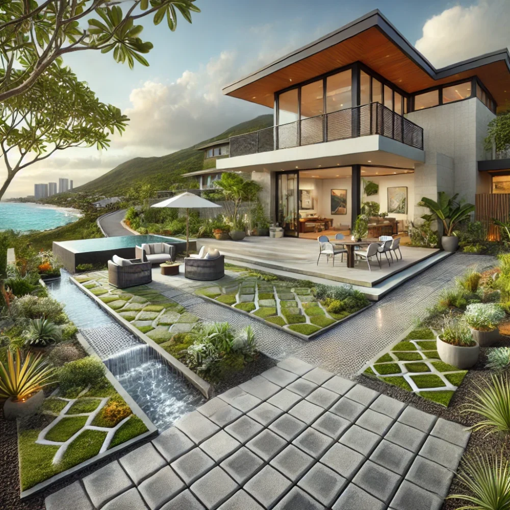 Modern home with permeable hardscape design in Honolulu, featuring a smooth paver driveway, garden path, and ADA-compliant patio with stormwater management.