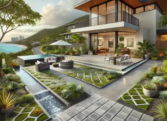 Modern home with permeable hardscape design in Honolulu, featuring a smooth paver driveway, garden path, and ADA-compliant patio with stormwater management.