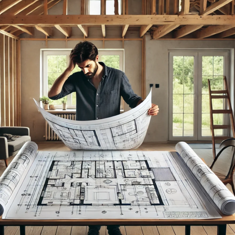 Man reading architectural plans and scratching his head.