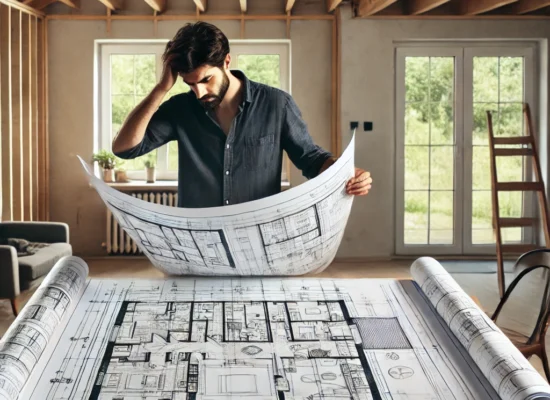 Man reading architectural plans and scratching his head.