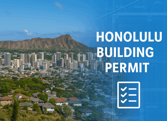 Honolulu skyline with Diamond Head and blueprint overlay – Honolulu Building Permit